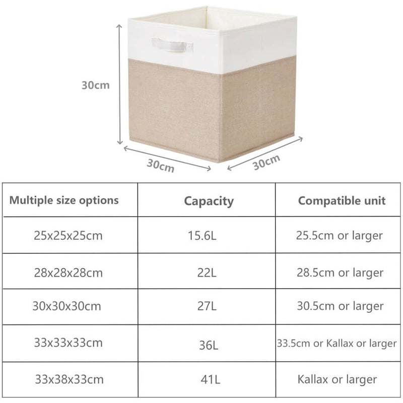 Stoff-Aufbewahrungsbox Würfel – 25/28/30/33 cm & Regalwürfel 33×38×33, faltenfrei, waschbar, mit Griff (Helles Khaki/Weiß)