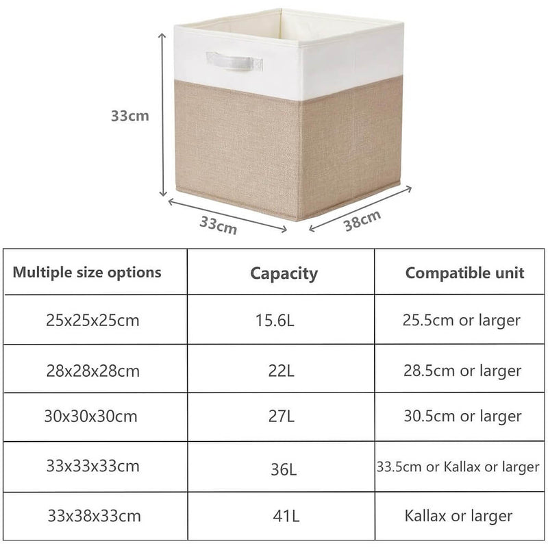 Stoff-Aufbewahrungsbox Würfel – 25/28/30/33 cm & Regalwürfel 33×38×33, faltenfrei, waschbar, mit Griff (Helles Khaki/Weiß)