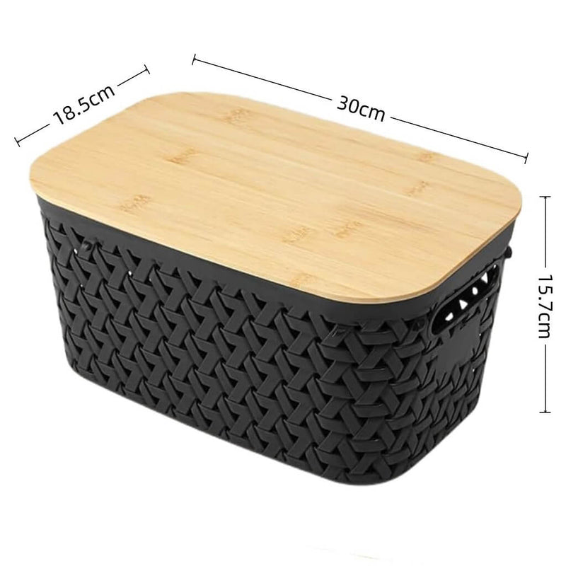 Aufbewahrungsboxen mit Bambusdeckel, 4er-Set – Kunststoff-Körbe in Rattanoptik (Schwarz/Grau/Weiß)