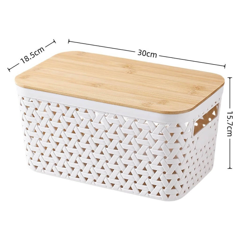 Aufbewahrungsboxen mit Bambusdeckel, 4er-Set – Kunststoff-Körbe in Rattanoptik (Schwarz/Grau/Weiß)