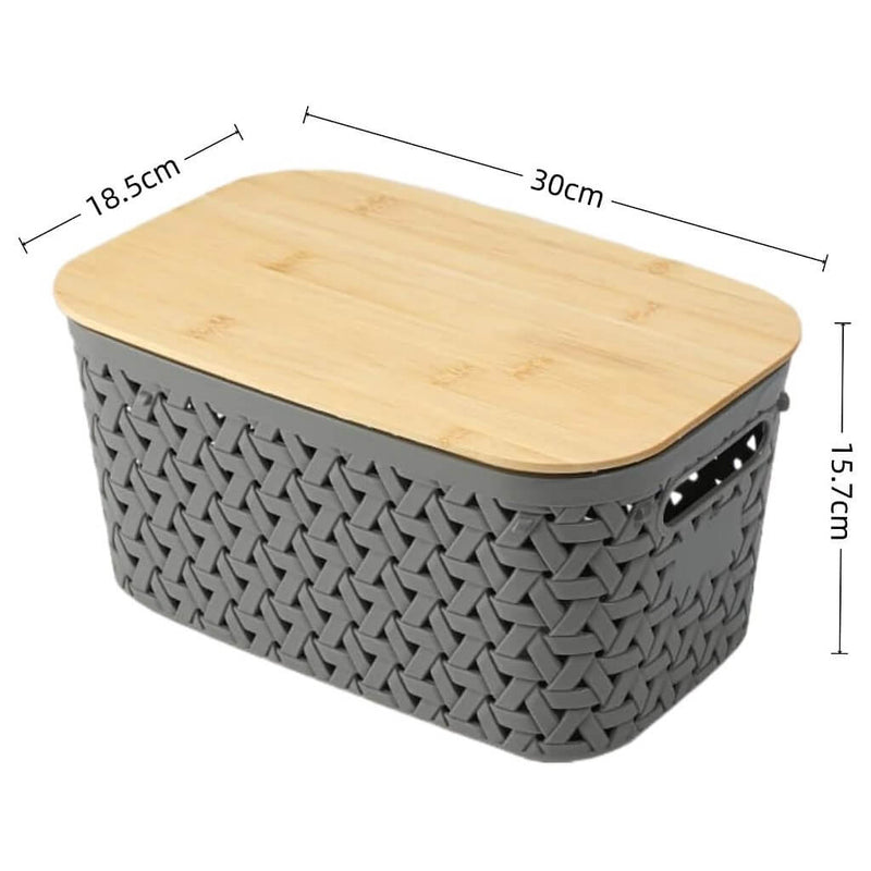 Aufbewahrungsboxen mit Bambusdeckel, 4er-Set – Kunststoff-Körbe in Rattanoptik (Schwarz/Grau/Weiß)
