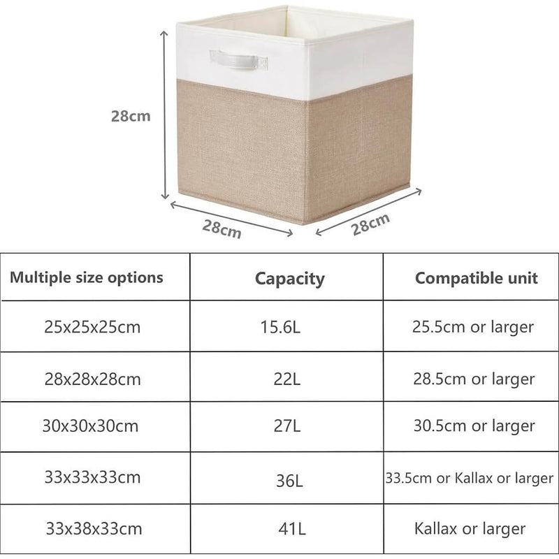 Stoff-Aufbewahrungsbox Würfel – 25/28/30/33 cm & Regalwürfel 33×38×33, faltenfrei, waschbar, mit Griff (Helles Khaki/Weiß)