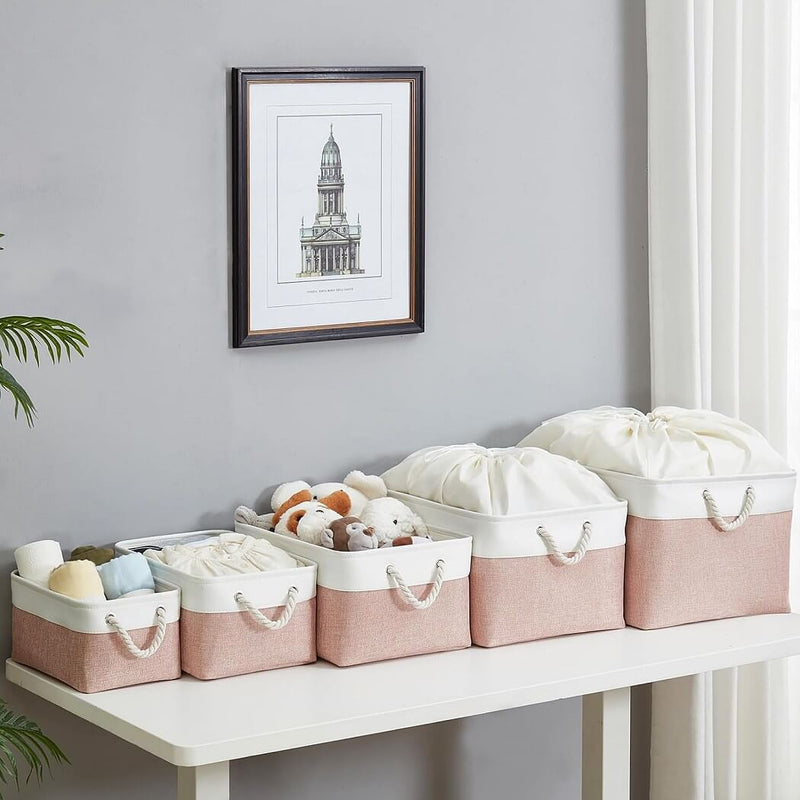 Boîte de rangement en tissu – paniers roses/blancs, rectangulaires, avec poignées en corde (S–XXL)
