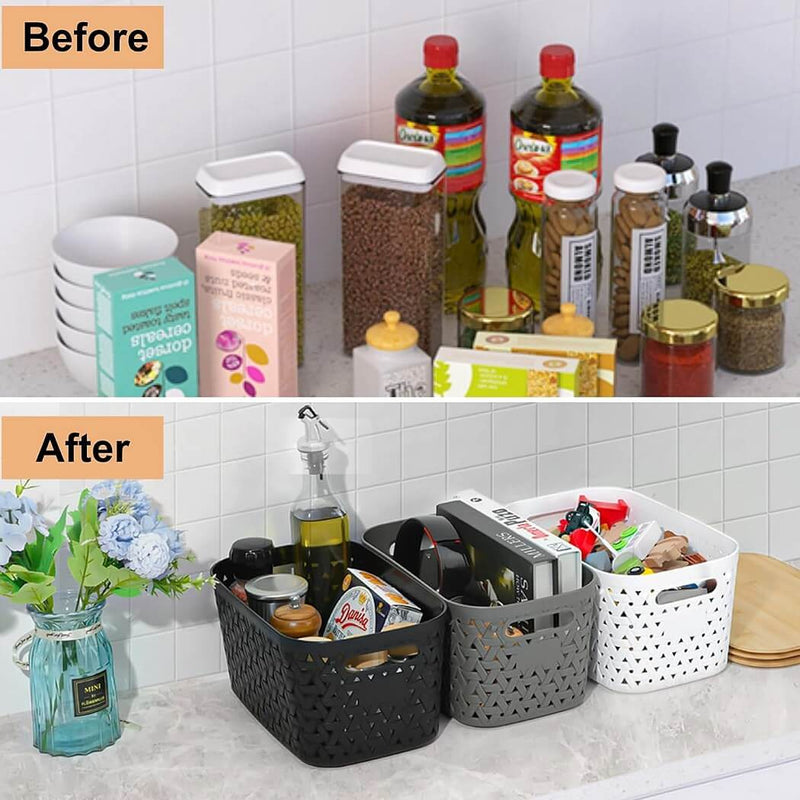 Aufbewahrungsboxen mit Bambusdeckel, 4er-Set – Kunststoff-Körbe in Rattanoptik (Schwarz/Grau/Weiß)