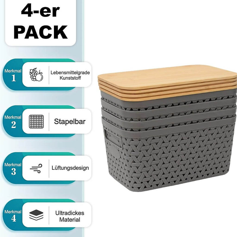 Aufbewahrungsboxen mit Bambusdeckel, 4er-Set – Kunststoff-Körbe in Rattanoptik (Schwarz/Grau/Weiß)