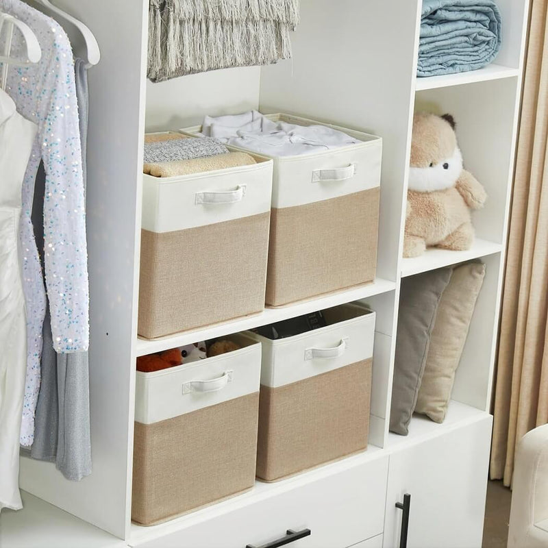 Stoff-Aufbewahrungsbox Würfel – 25/28/30/33 cm & Regalwürfel 33×38×33, faltenfrei, waschbar, mit Griff (Helles Khaki/Weiß)
