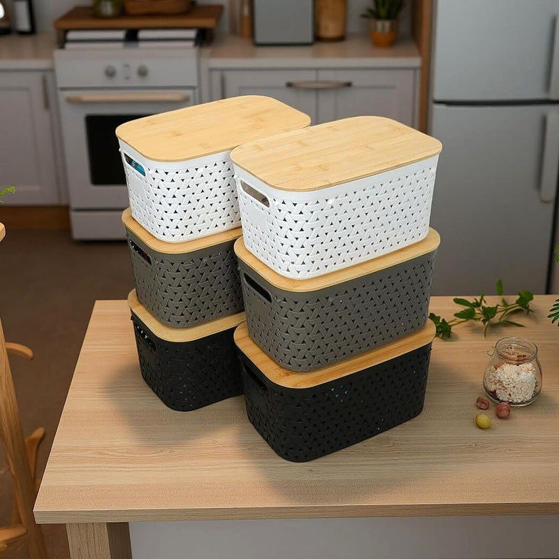 Aufbewahrungsboxen mit Bambusdeckel, 4er-Set – Kunststoff-Körbe in Rattanoptik (Schwarz/Grau/Weiß)