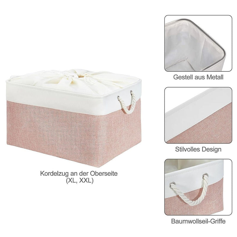 Boîte de rangement en tissu – paniers roses/blancs, rectangulaires, avec poignées en corde (S–XXL)