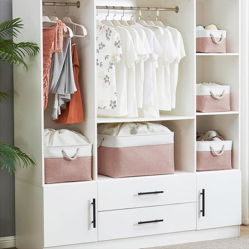 Boîte de rangement en tissu – paniers roses/blancs, rectangulaires, avec poignées en corde (S–XXL)