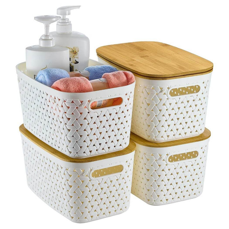 Aufbewahrungsboxen mit Bambusdeckel, 4er-Set – Kunststoff-Körbe in Rattanoptik (Schwarz/Grau/Weiß)