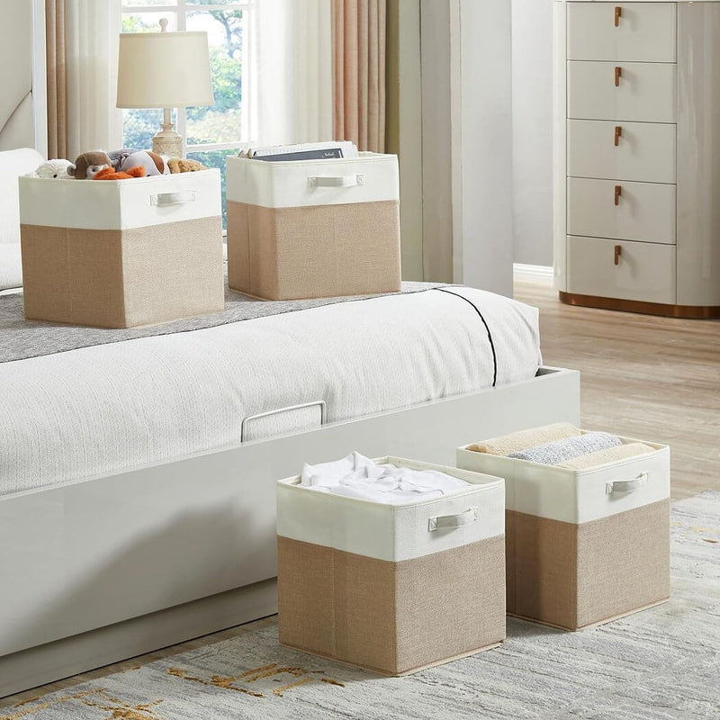 Stoff-Aufbewahrungsbox Würfel – 25/28/30/33 cm & Regalwürfel 33×38×33, faltenfrei, waschbar, mit Griff (Helles Khaki/Weiß)