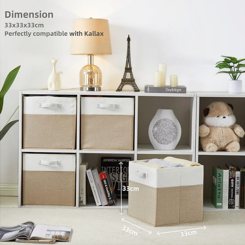 Stoff-Aufbewahrungsbox Würfel – 25/28/30/33 cm & Regalwürfel 33×38×33, faltenfrei, waschbar, mit Griff (Helles Khaki/Weiß)