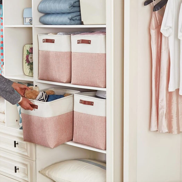 Boîte de rangement cube 25×25×25 cm – panier en tissu rigide, sans plis & sans odeur, couleurs nordiques, poignées corde / cuir / tissu (1/3/4 pcs)