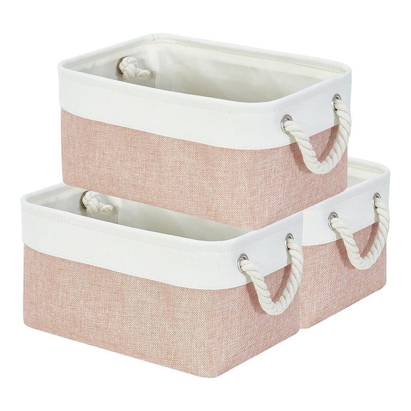 Boîte de rangement en tissu – paniers roses/blancs, rectangulaires, avec poignées en corde (S–XXL)