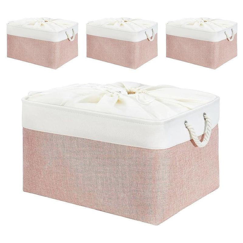 Boîte de rangement en tissu – paniers roses/blancs, rectangulaires, avec poignées en corde (S–XXL)