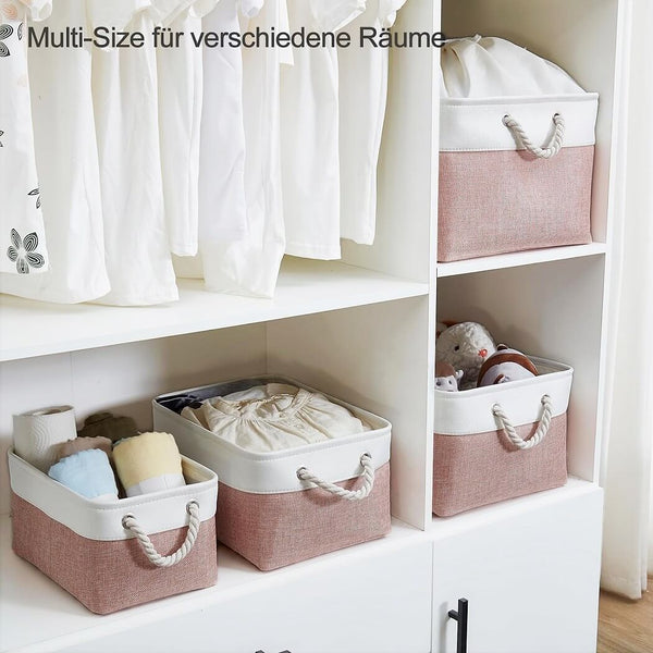 Boîte de rangement en tissu – paniers roses/blancs, rectangulaires, avec poignées en corde (S–XXL)