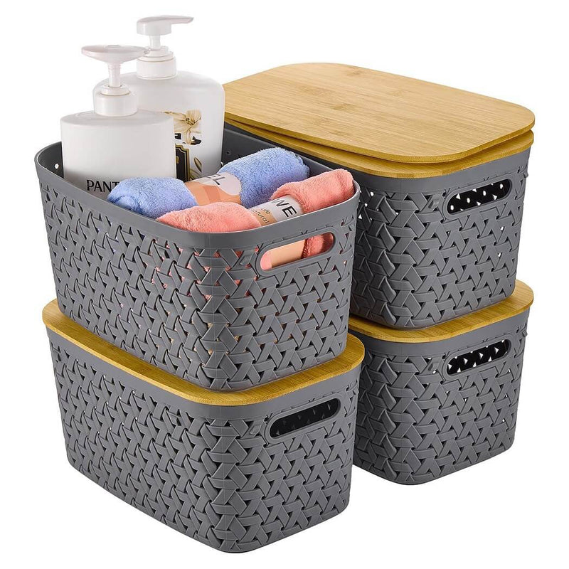 Aufbewahrungsboxen mit Bambusdeckel, 4er-Set – Kunststoff-Körbe in Rattanoptik (Schwarz/Grau/Weiß)