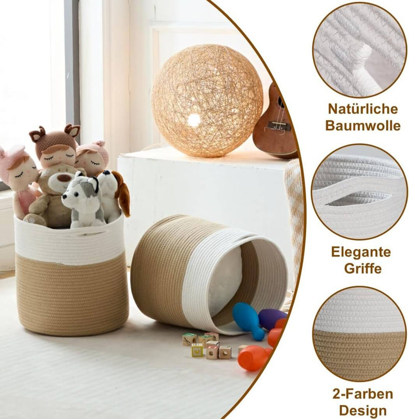 Aufbewahrungskörbe Khaki und Weiß, Baumwollseil, gewebt, Kinderspielzeug, Organizer für Regal, waschbar, natürliches Material, 33 x 33 cm