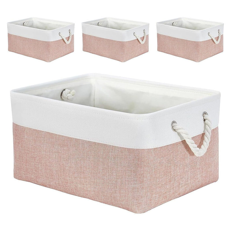 Boîte de rangement en tissu – paniers roses/blancs, rectangulaires, avec poignées en corde (S–XXL)