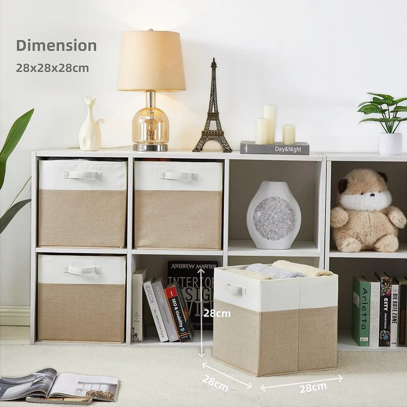 Stoff-Aufbewahrungsbox Würfel – 25/28/30/33 cm & Regalwürfel 33×38×33, faltenfrei, waschbar, mit Griff (Helles Khaki/Weiß)