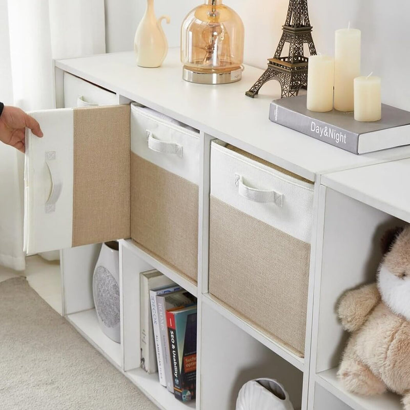 Stoff-Aufbewahrungsbox Würfel – 25/28/30/33 cm & Regalwürfel 33×38×33, faltenfrei, waschbar, mit Griff (Helles Khaki/Weiß)