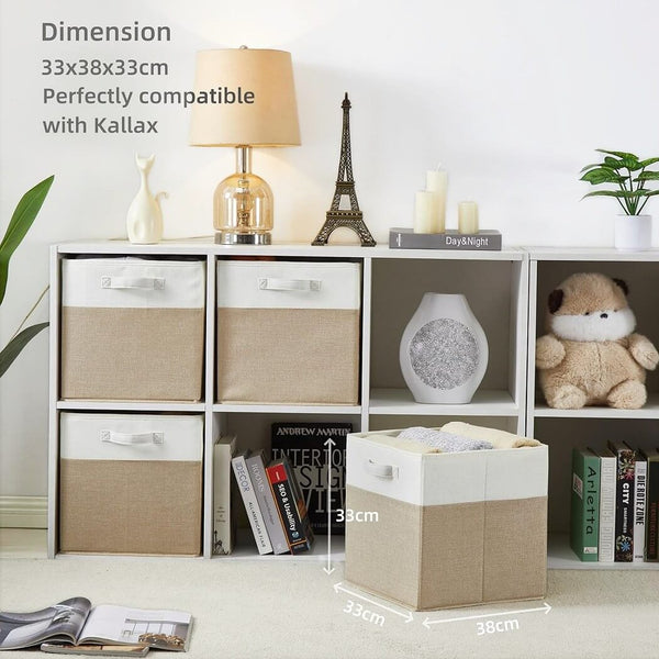 Stoff-Aufbewahrungsbox Würfel – 25/28/30/33 cm & Regalwürfel 33×38×33, faltenfrei, waschbar, mit Griff (Helles Khaki/Weiß)