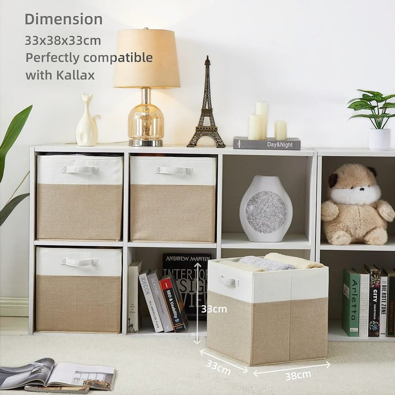 Stoff-Aufbewahrungsbox Würfel – 25/28/30/33 cm & Regalwürfel 33×38×33, faltenfrei, waschbar, mit Griff (Helles Khaki/Weiß)
