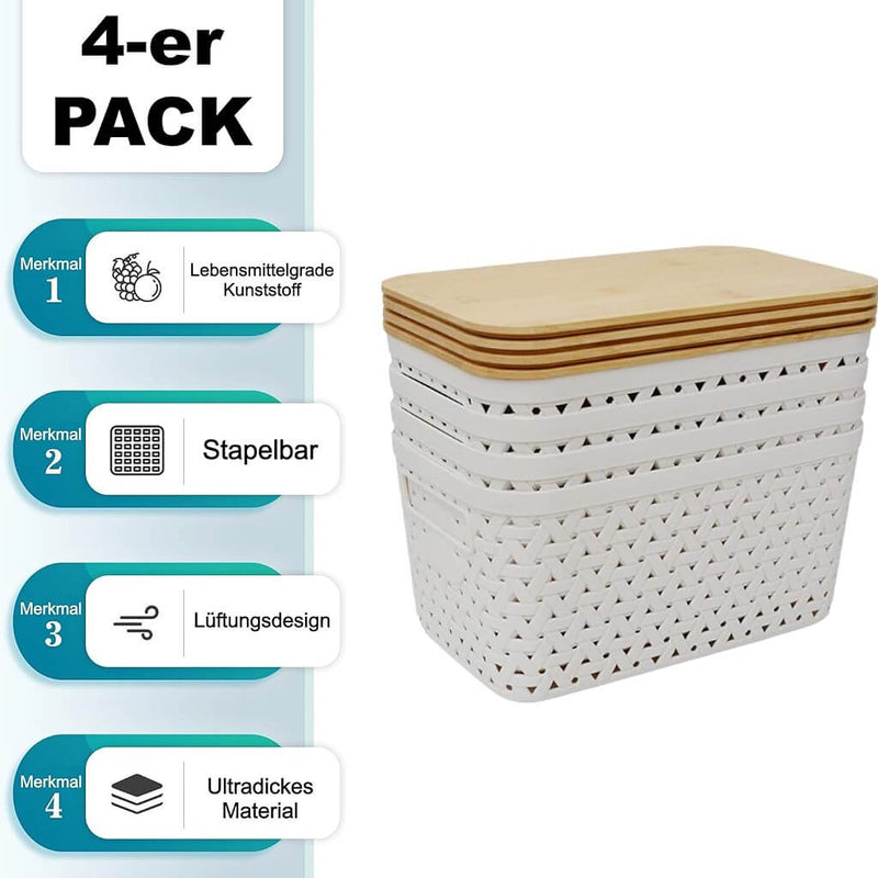Aufbewahrungsboxen mit Bambusdeckel, 4er-Set – Kunststoff-Körbe in Rattanoptik (Schwarz/Grau/Weiß)