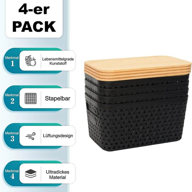 Aufbewahrungsboxen mit Bambusdeckel, 4er-Set – Kunststoff-Körbe in Rattanoptik (Schwarz/Grau/Weiß)