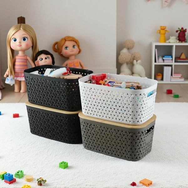 Aufbewahrungsboxen mit Bambusdeckel, 4er-Set – Kunststoff-Körbe in Rattanoptik (Schwarz/Grau/Weiß)