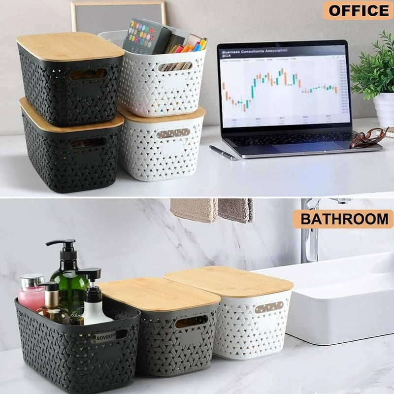 Aufbewahrungsboxen mit Bambusdeckel, 4er-Set – Kunststoff-Körbe in Rattanoptik (Schwarz/Grau/Weiß)