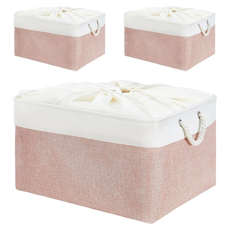 Boîte de rangement en tissu – paniers roses/blancs, rectangulaires, avec poignées en corde (S–XXL)