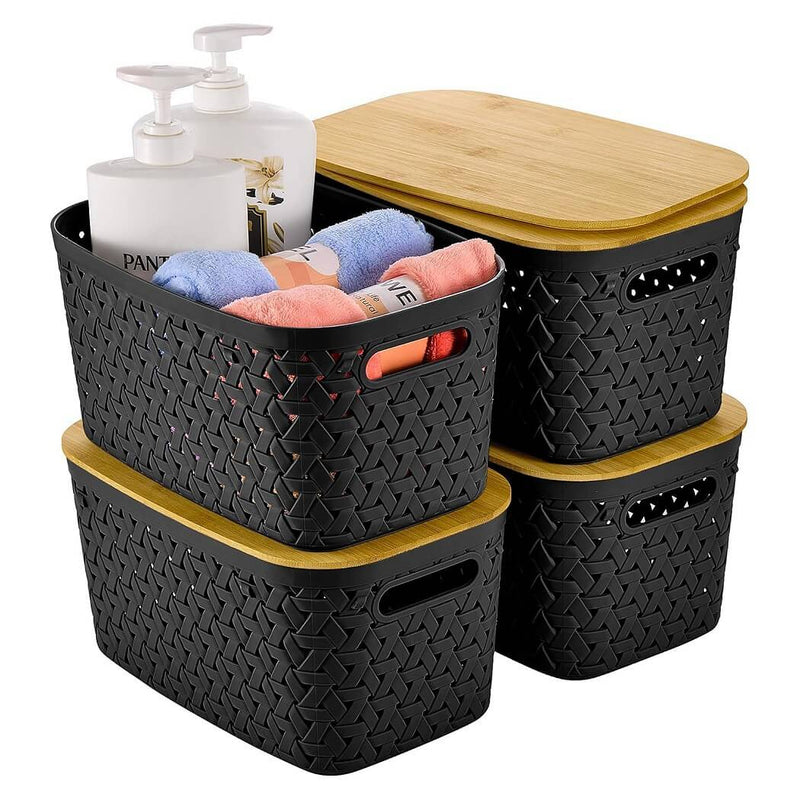 Aufbewahrungsboxen mit Bambusdeckel, 4er-Set – Kunststoff-Körbe in Rattanoptik (Schwarz/Grau/Weiß)