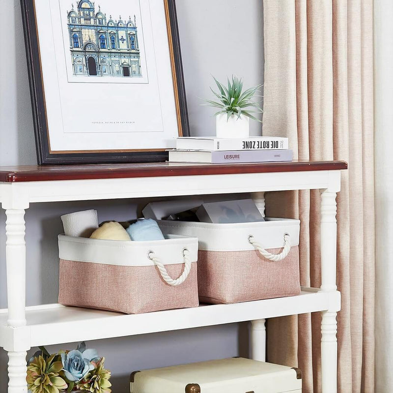Boîte de rangement en tissu – paniers roses/blancs, rectangulaires, avec poignées en corde (S–XXL)