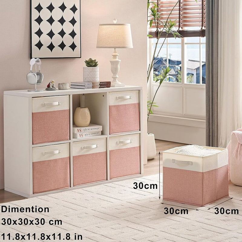 Aufbewahrungsbox Stoff – Würfel, Rosa/Beige-Weiß, faltbare Aufbewahrungskörbe für Regal & Kallax (3er/4er-Set)