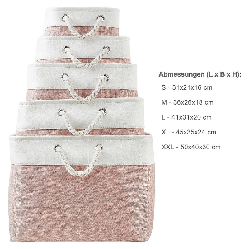 Boîte de rangement en tissu – paniers roses/blancs, rectangulaires, avec poignées en corde (S–XXL)