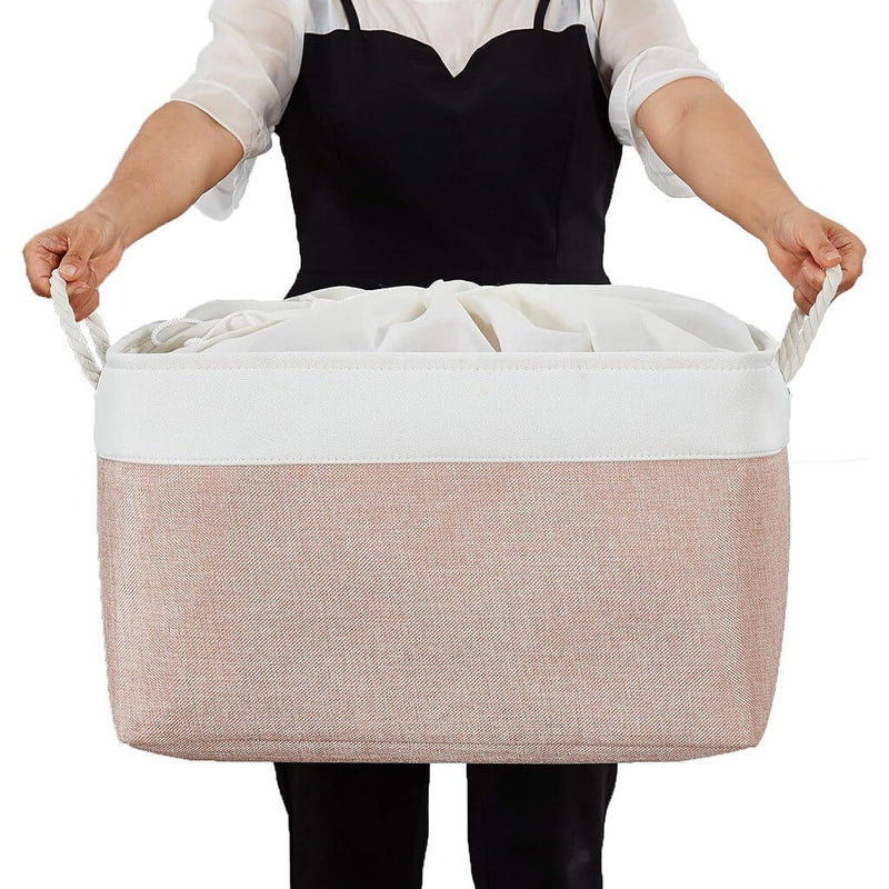 Boîte de rangement en tissu – paniers roses/blancs, rectangulaires, avec poignées en corde (S–XXL)
