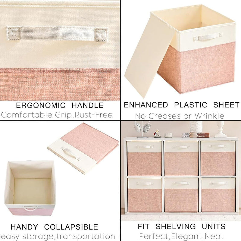 Aufbewahrungsbox Stoff – Würfel, Rosa/Beige-Weiß, faltbare Aufbewahrungskörbe für Regal & Kallax (3er/4er-Set)