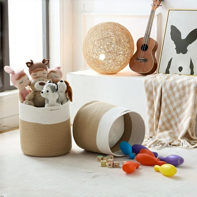 Aufbewahrungskörbe Khaki und Weiß, Baumwollseil, gewebt, Kinderspielzeug, Organizer für Regal, waschbar, natürliches Material, 33 x 33 cm