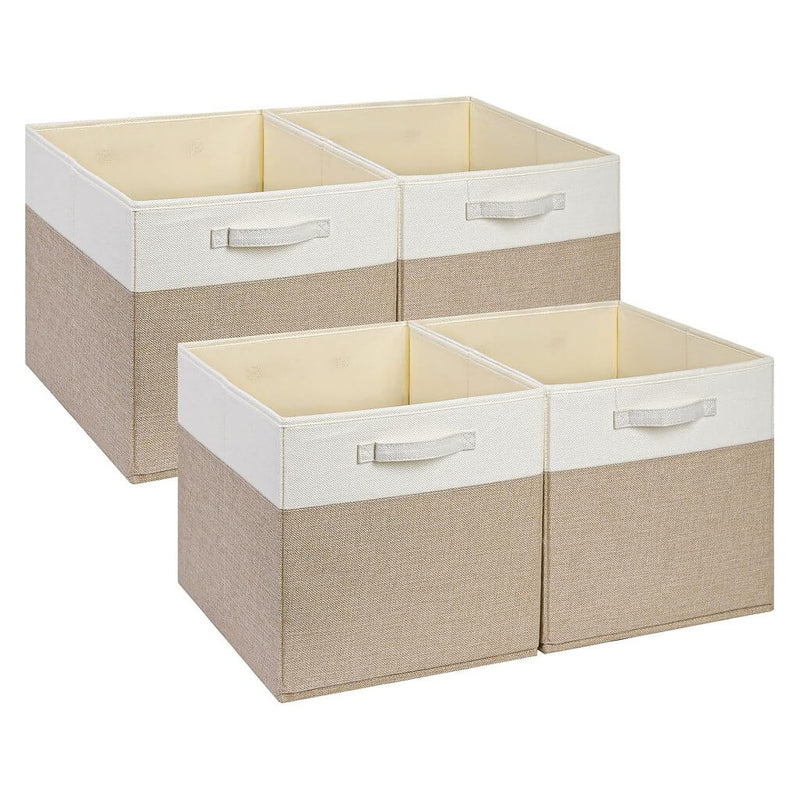 Stoff-Aufbewahrungsbox Würfel – 25/28/30/33 cm & Regalwürfel 33×38×33, faltenfrei, waschbar, mit Griff (Helles Khaki/Weiß)