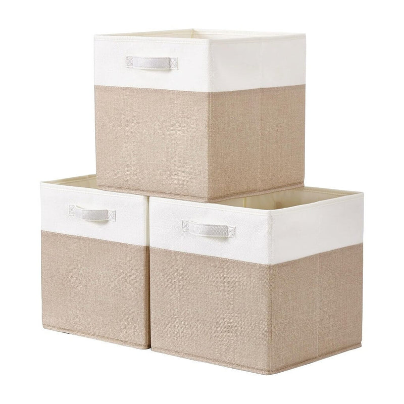 Stoff-Aufbewahrungsbox Würfel – 25/28/30/33 cm & Regalwürfel 33×38×33, faltenfrei, waschbar, mit Griff (Helles Khaki/Weiß)