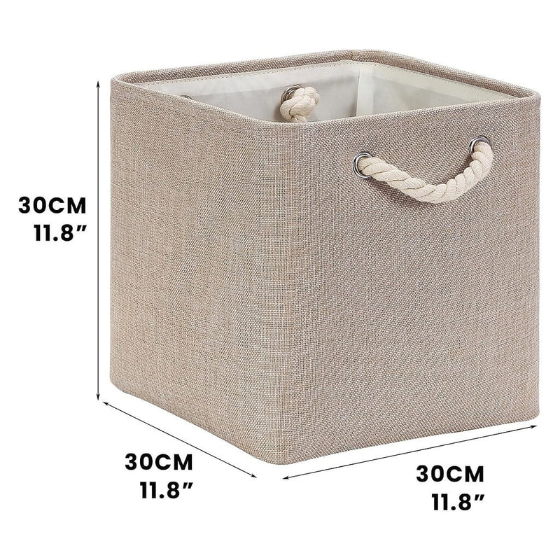 Caja de almacenamiento de tela color caqui con asas de cuerda para armario