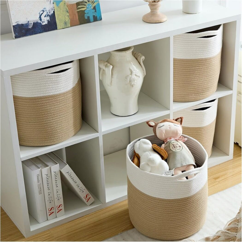 Aufbewahrungskörbe Khaki und Weiß, Baumwollseil, gewebt, Kinderspielzeug, Organizer für Regal, waschbar, natürliches Material, 33 x 33 cm