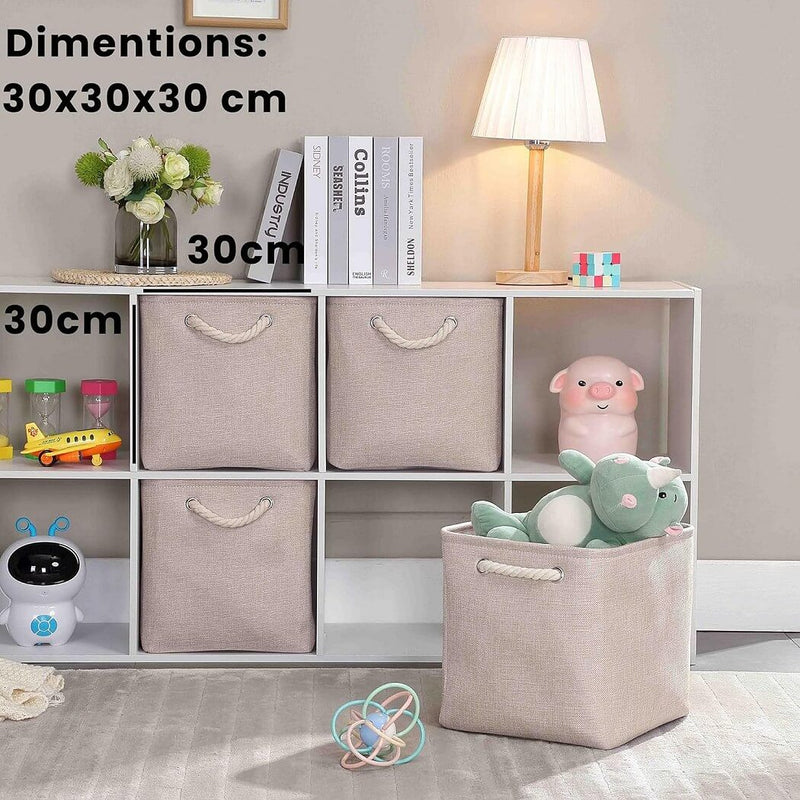 Caja de almacenamiento de tela color caqui con asas de cuerda para armario