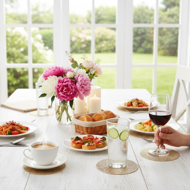 Posavasos redondos dorados de 10,5 cm – Posavasos de vidrio resistentes al calor para vasos, tazas y velas (Juego de 2 a 10) MÅNGATA