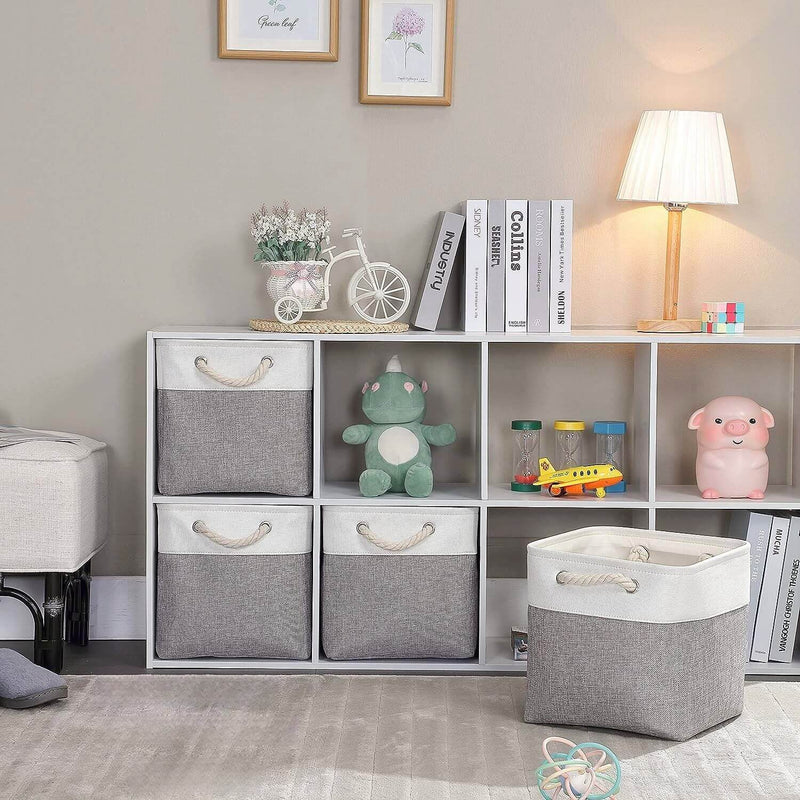 Stoff-Aufbewahrungsbox mit Kordelgriffen im Regal – grauer Aufbewahrungskorb/Korb für Spielzeug und Kleidung