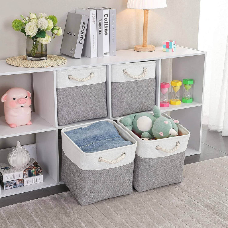 MANGATA Aufbewahrungsbox Stoff – faltbarer Würfel-Aufbewahrungskorb für Regal & Schrank, mit Seilgriffen (25/28/30/33 cm & 33×38×33 cm, Grau-Weiß)