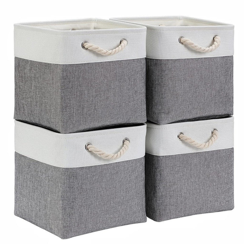 MANGATA Aufbewahrungsbox Stoff – faltbarer Würfel-Aufbewahrungskorb für Regal & Schrank, mit Seilgriffen (25/28/30/33 cm & 33×38×33 cm, Grau-Weiß)