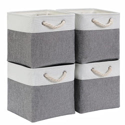 4er-Set Stoff-Aufbewahrungsboxen – graue weiß Aufbewahrungskörbe/Körbe mit Baumwoll-Kordelgriffen, faltbar für Regal und Würfelregal