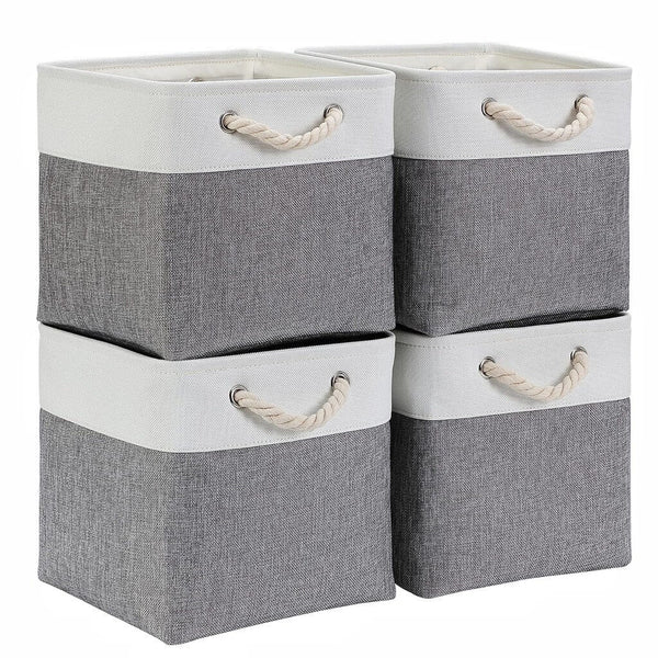 4er-Set Stoff-Aufbewahrungsboxen – graue weiß Aufbewahrungskörbe/Körbe mit Baumwoll-Kordelgriffen, faltbar für Regal und Würfelregal